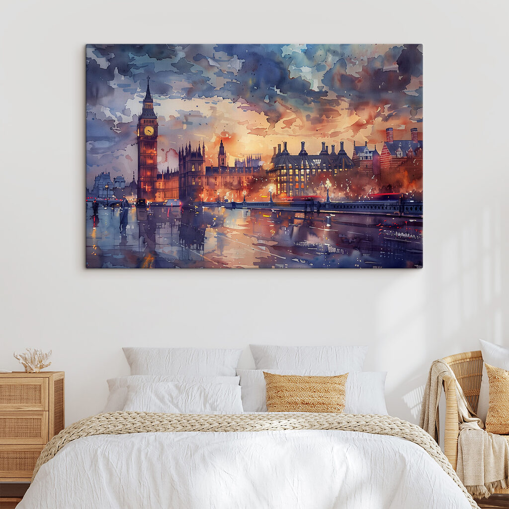 A watercolor painting of a city with a clock tower and a river A watercolor painting of a city with a clock tower and a river