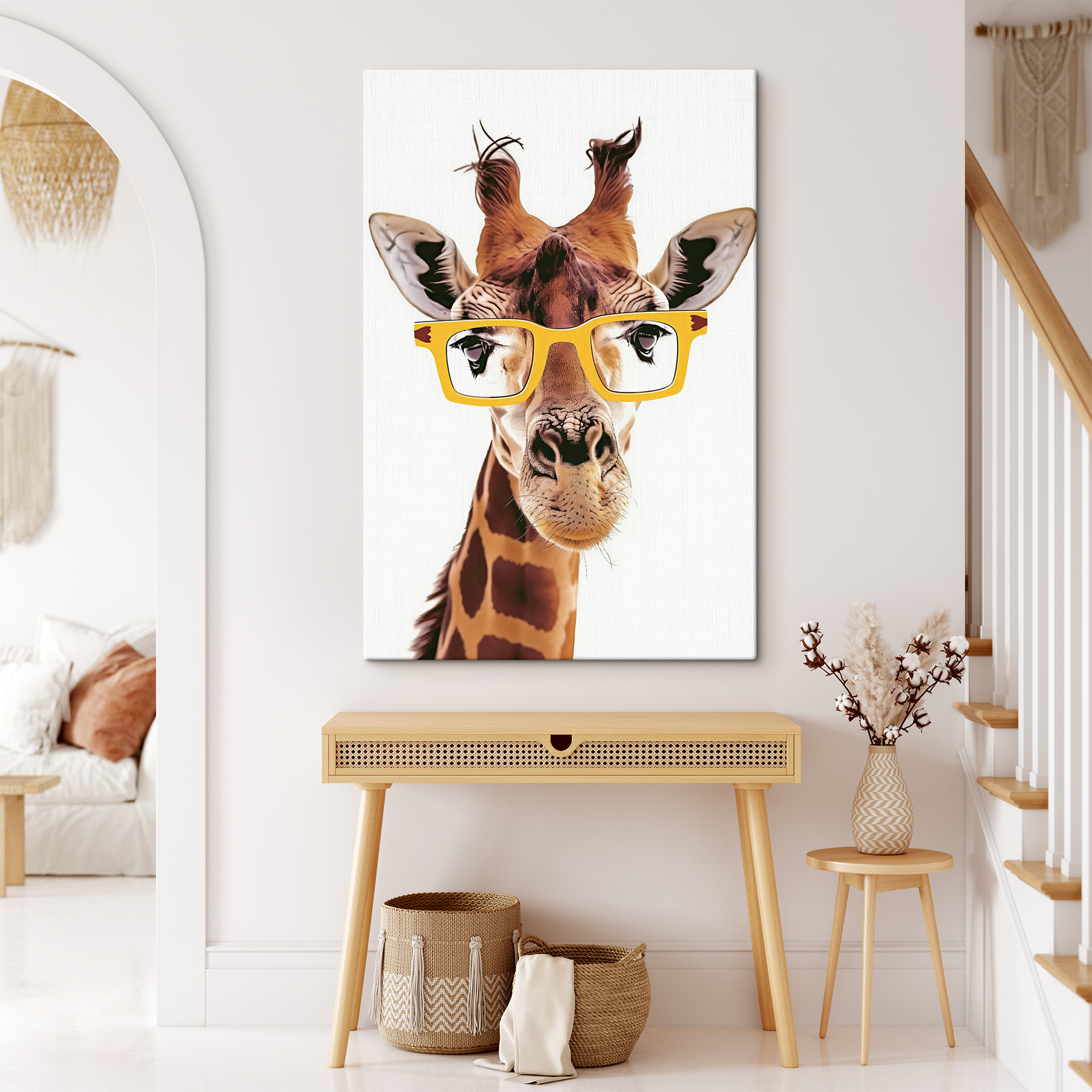 A giraffe wearing yellow glasses A giraffe wearing yellow glasses