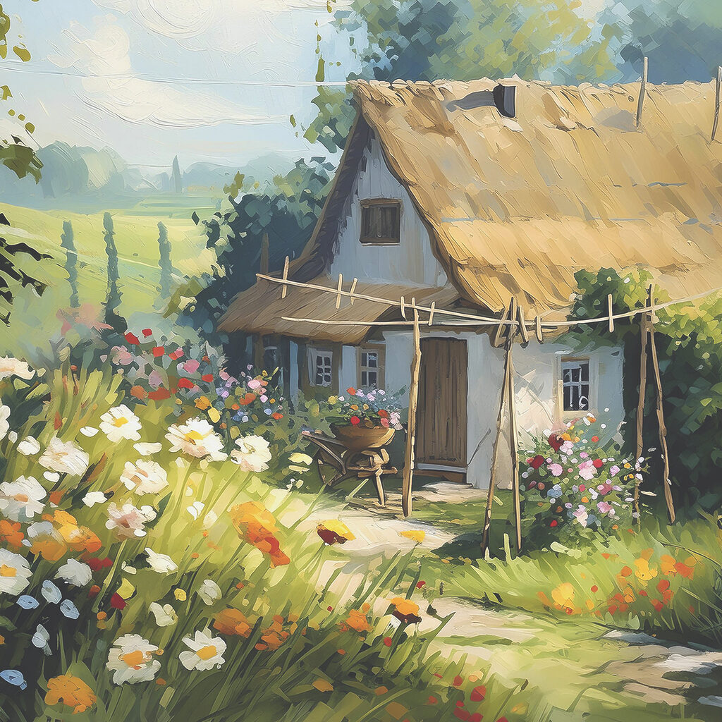 A painting of a house with flowers and plants A painting of a house with flowers and plants