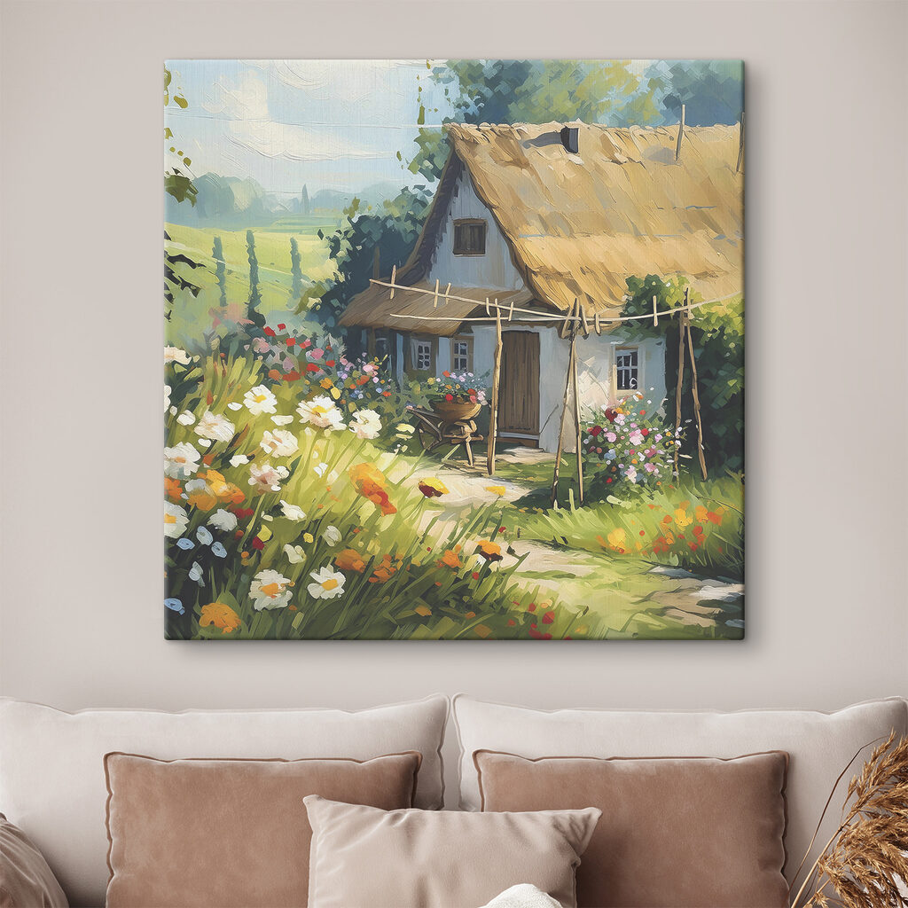 A painting of a house with flowers and plants A painting of a house with flowers and plants