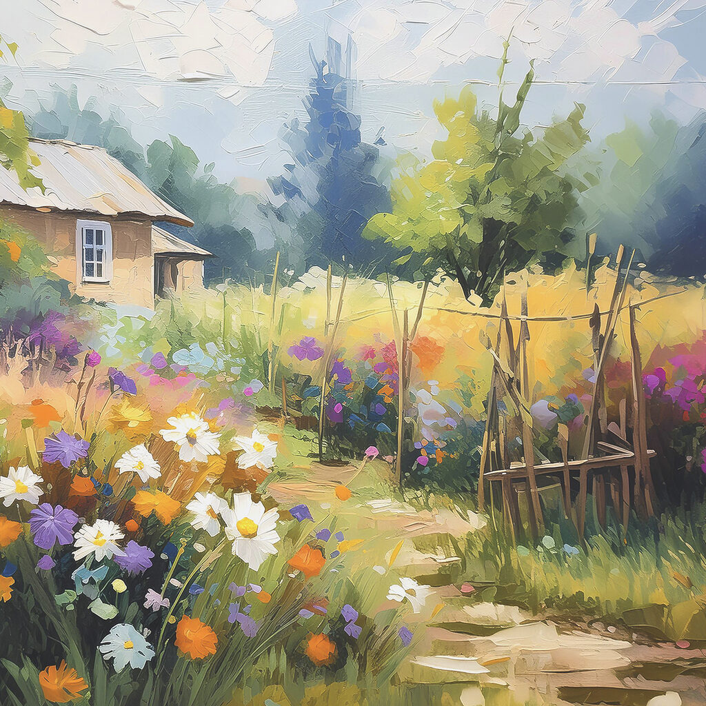 A painting of a house and flowers