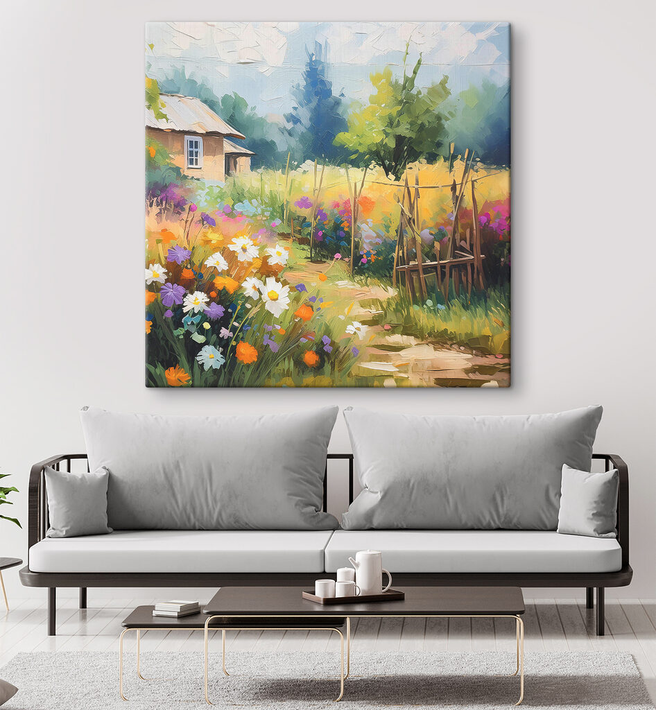 A painting of a house and flowers