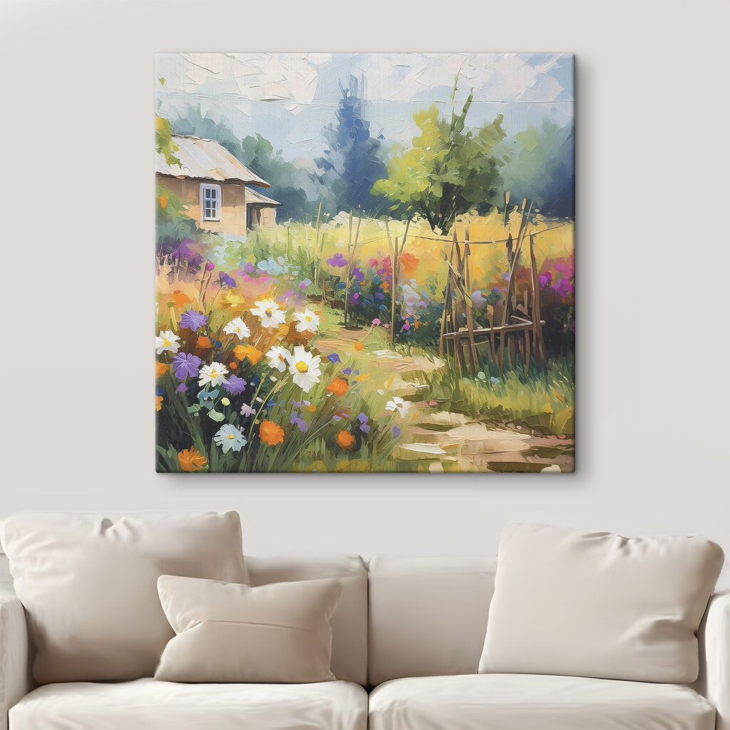 A painting of a house and flowers