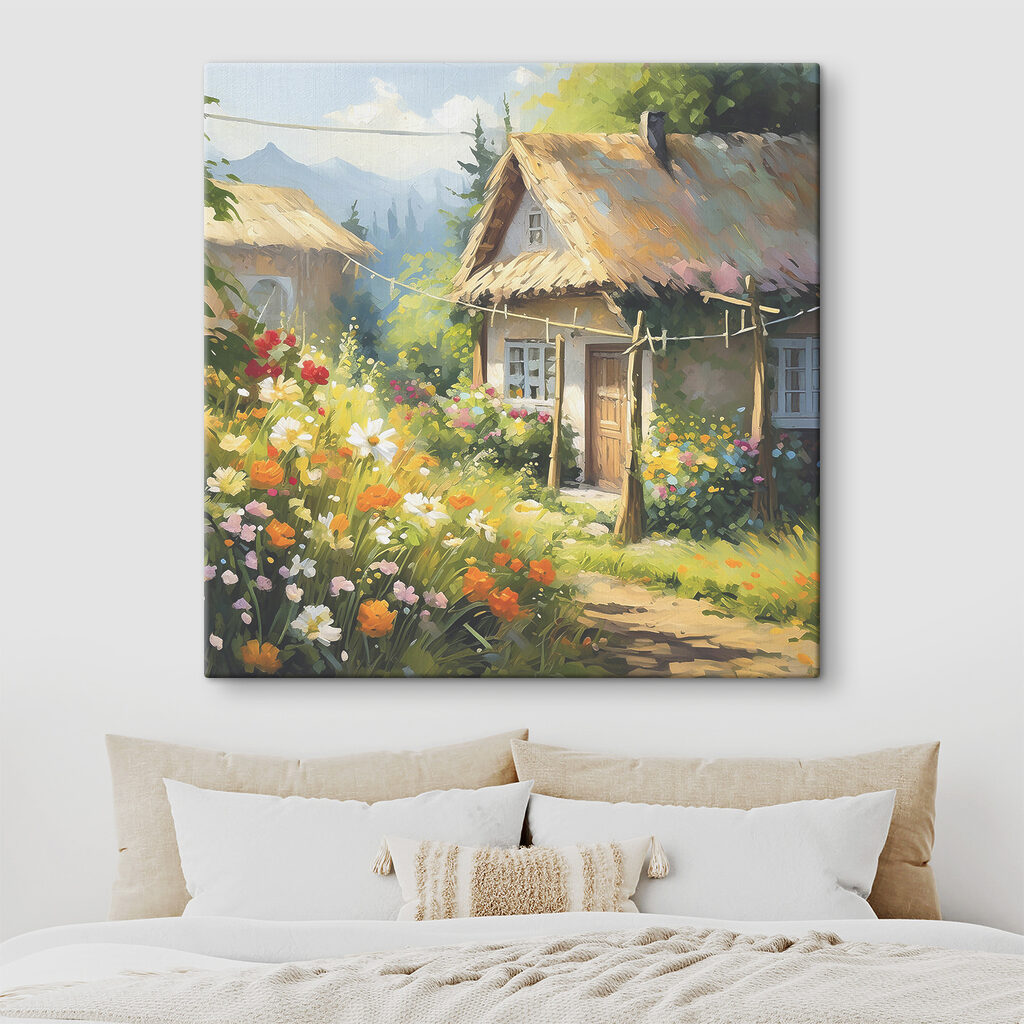 A painting of a house with flowers