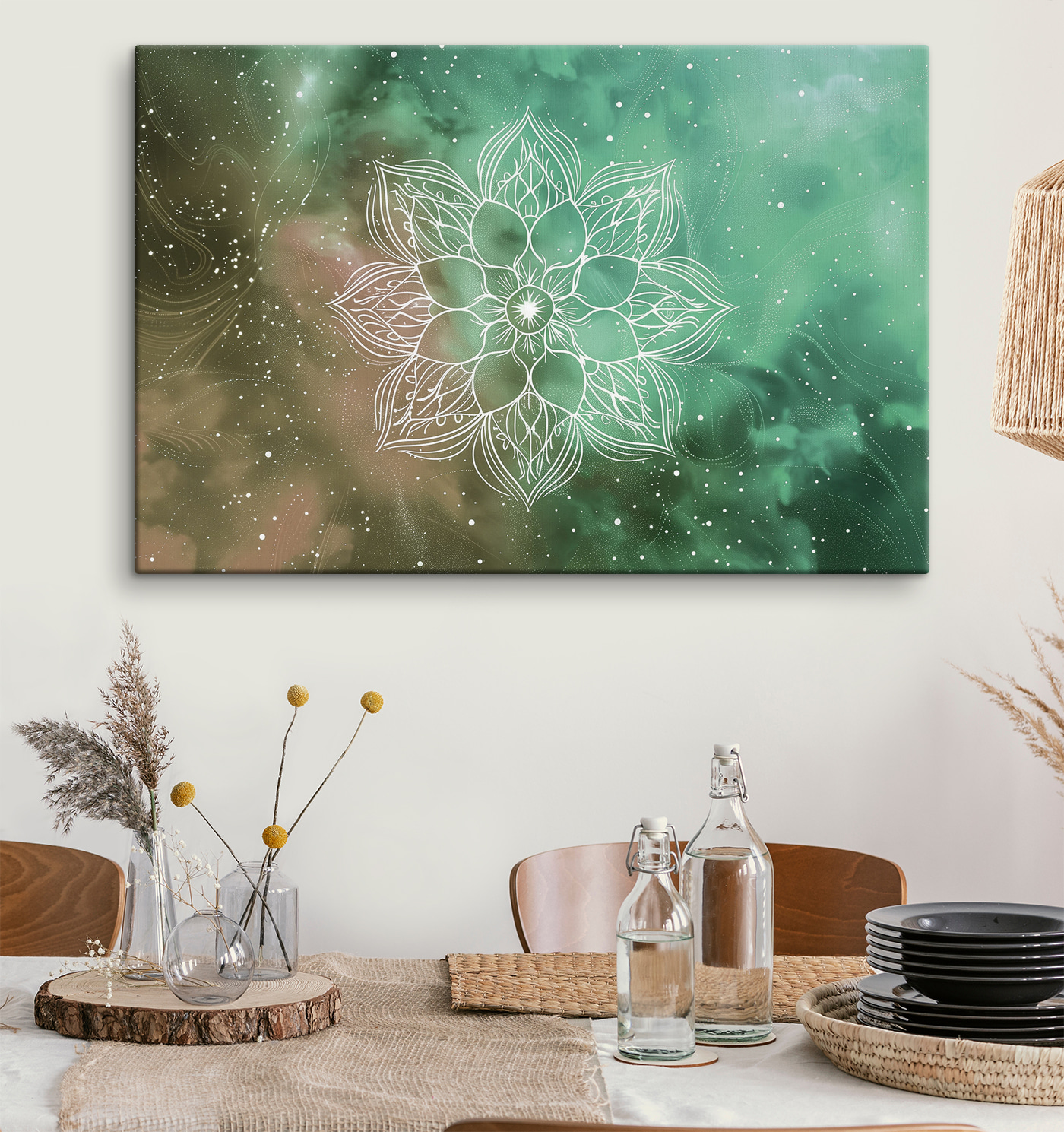 A white mandala on a green and blue background