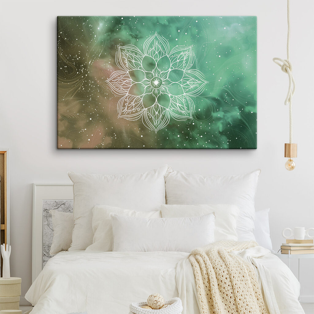 A white mandala on a green and blue background