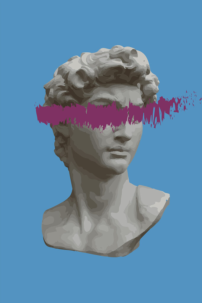 A statue of a man with a purple line