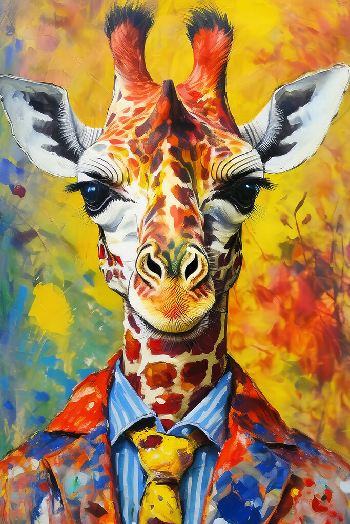 A painting of a giraffe wearing a shirt
