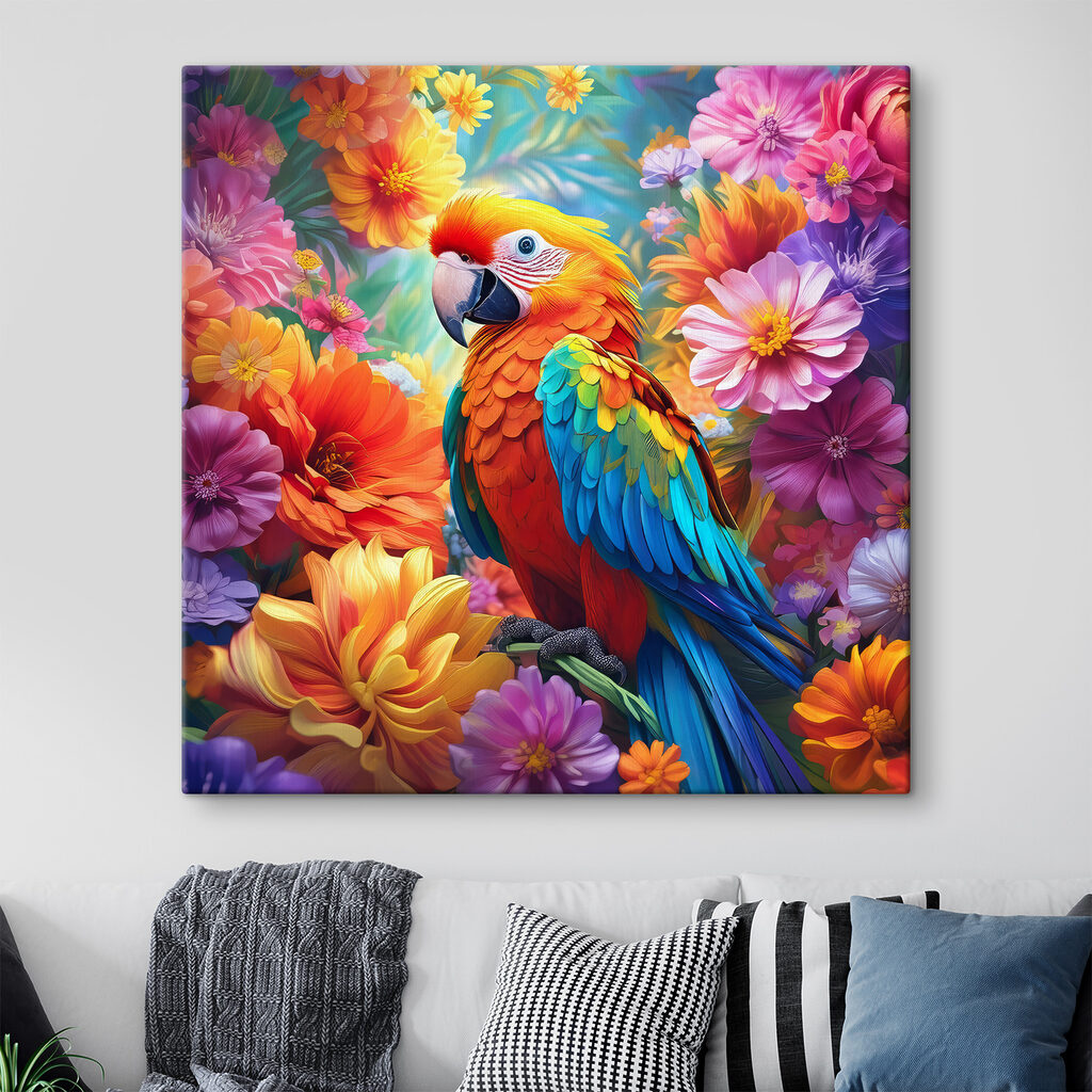 A colorful bird sitting on a branch surrounded by flowers A colorful bird sitting on a branch surrounded by flowers