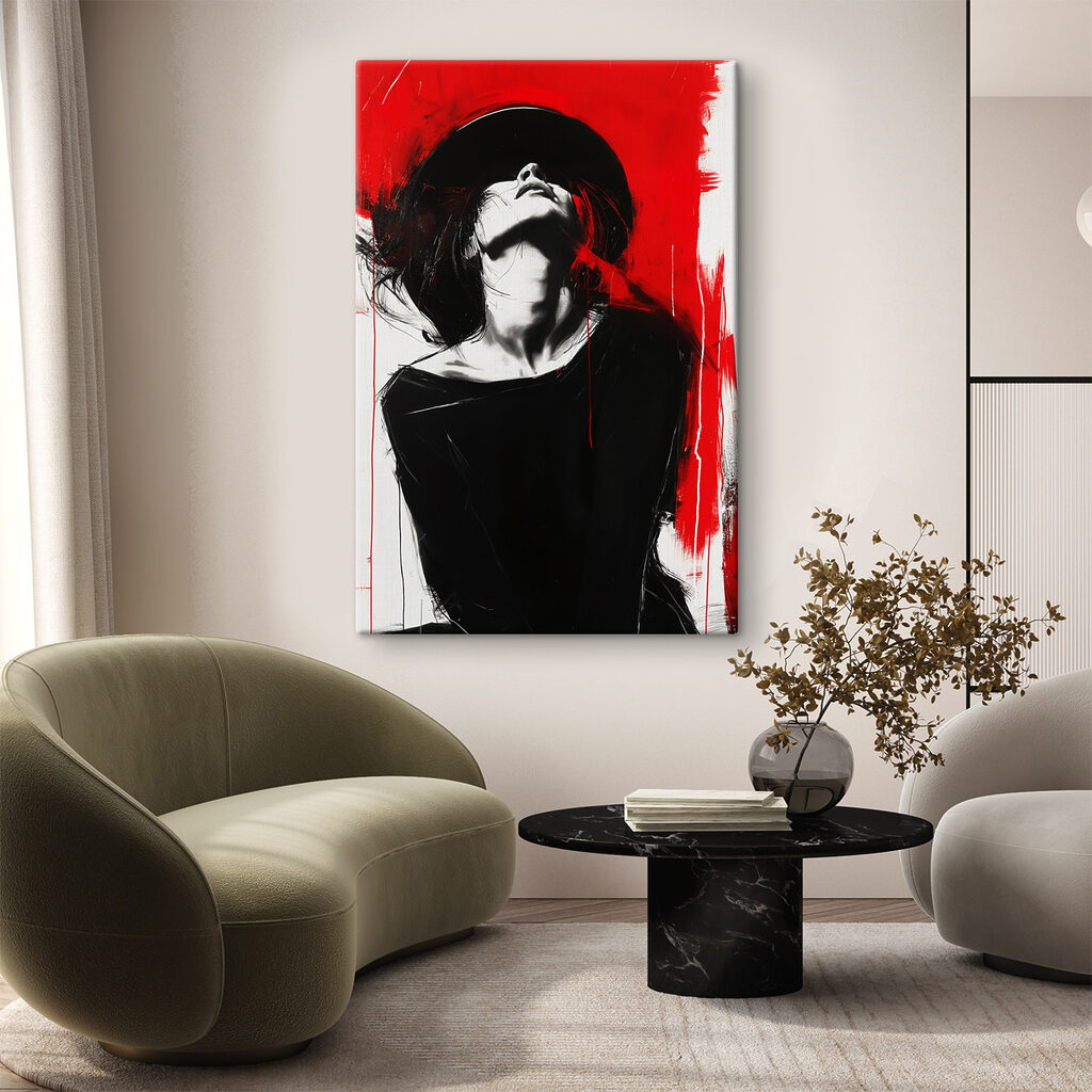 A woman with black hat and red background