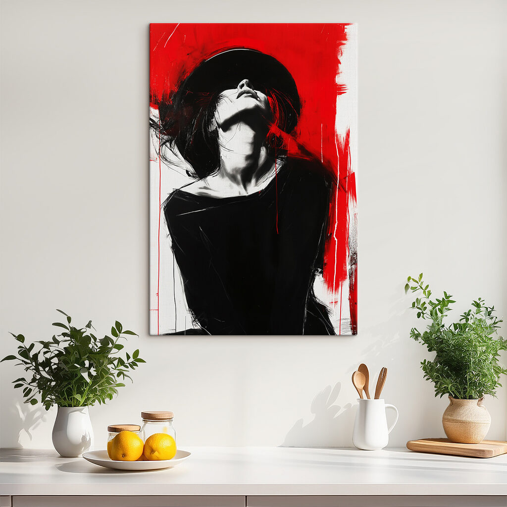 A woman with black hat and red background