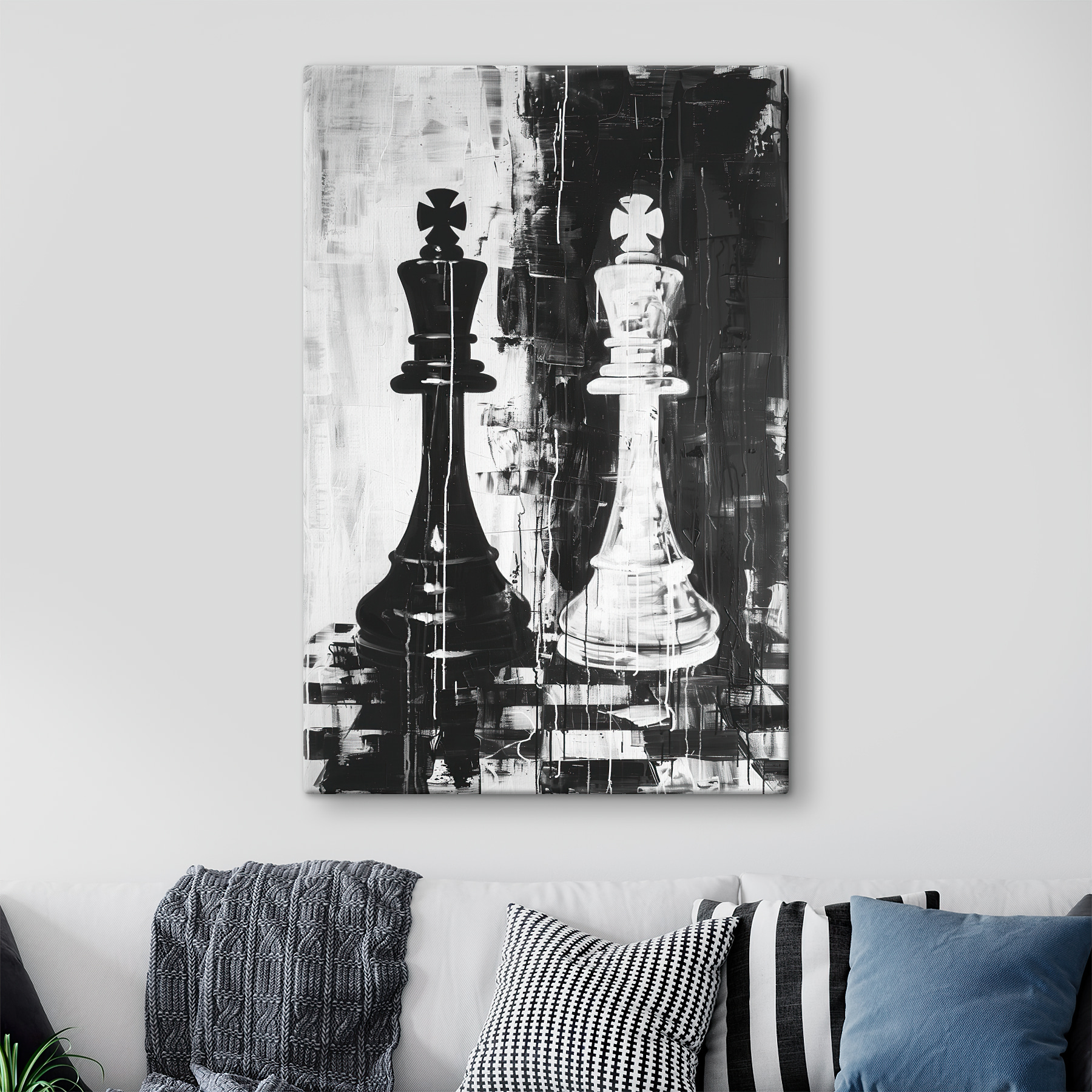 A black and white painting of a chess piece A black and white painting of a chess piece