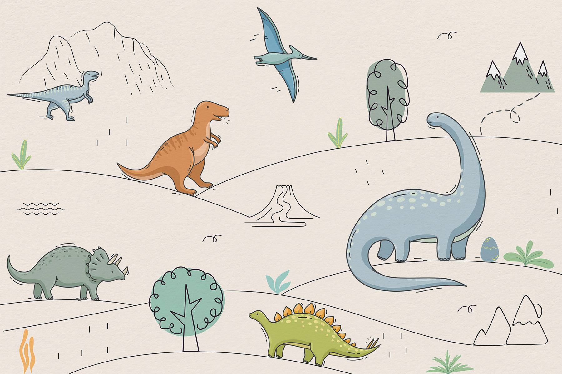 A drawing of dinosaurs and mountains A drawing of dinosaurs and mountains