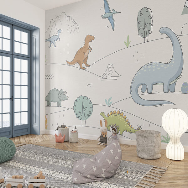 A drawing of dinosaurs and mountains A drawing of dinosaurs and mountains