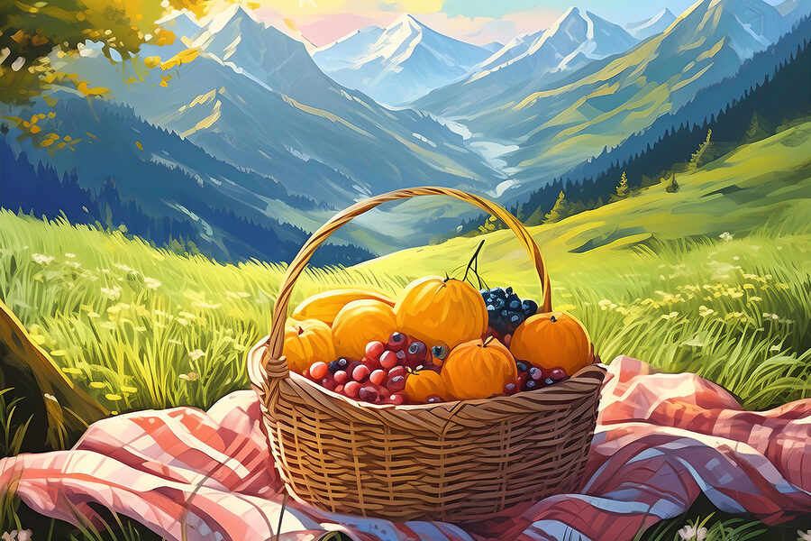 Košík s ovocím na deke na trávnatom poli