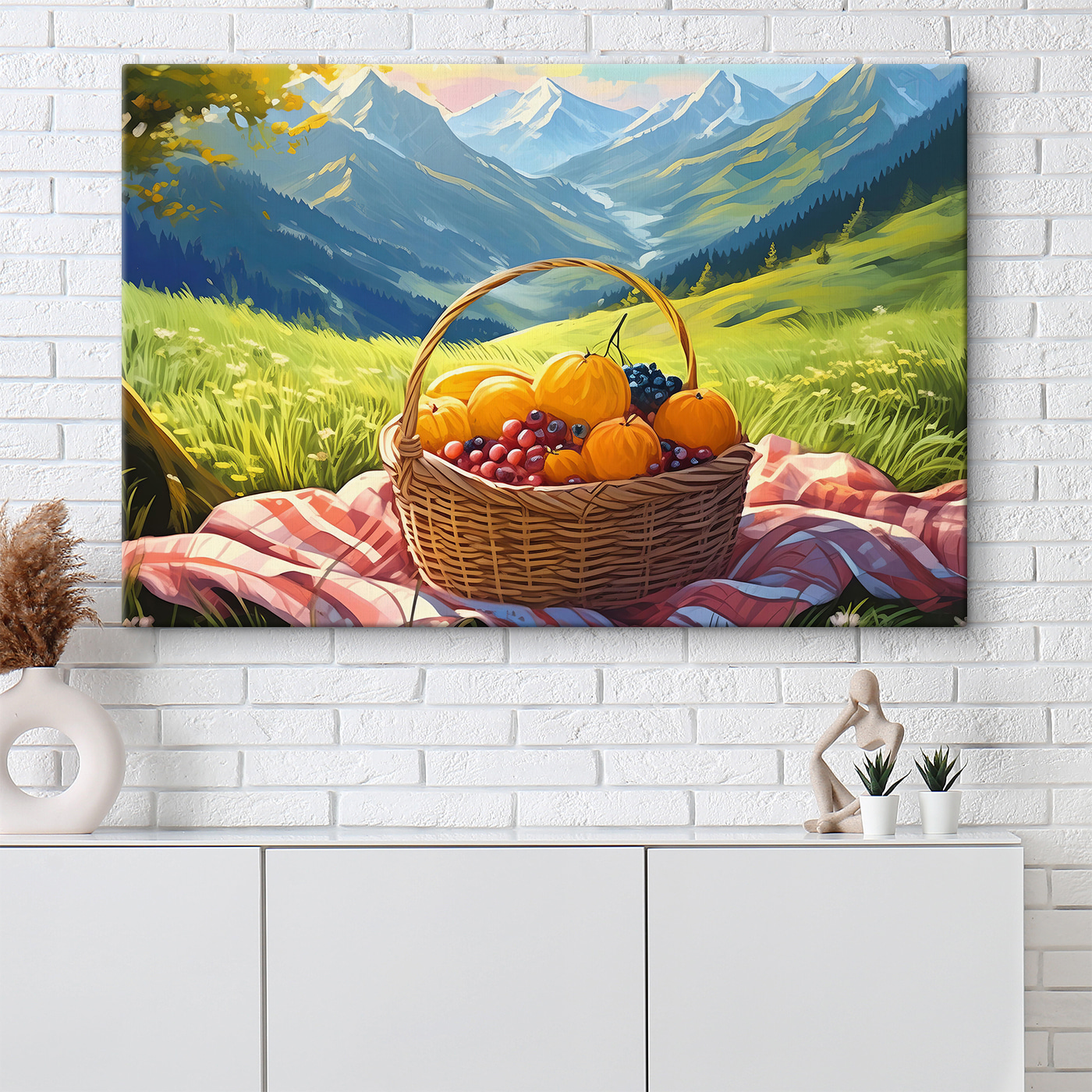 A basket of fruit on a blanket in a grassy field