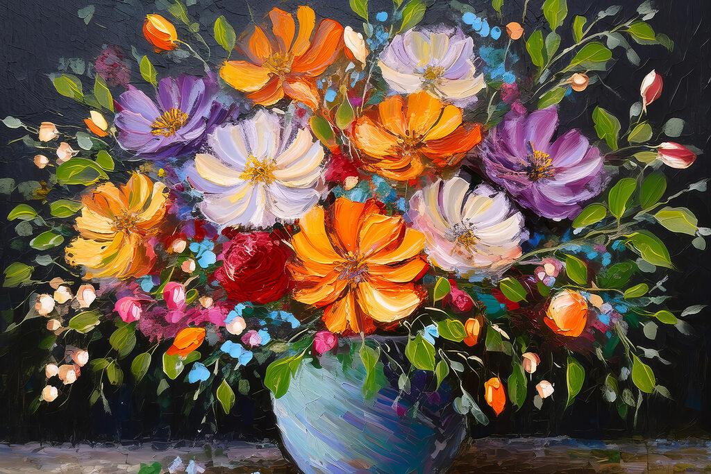 A painting of flowers in a blue vase A painting of flowers in a blue vase