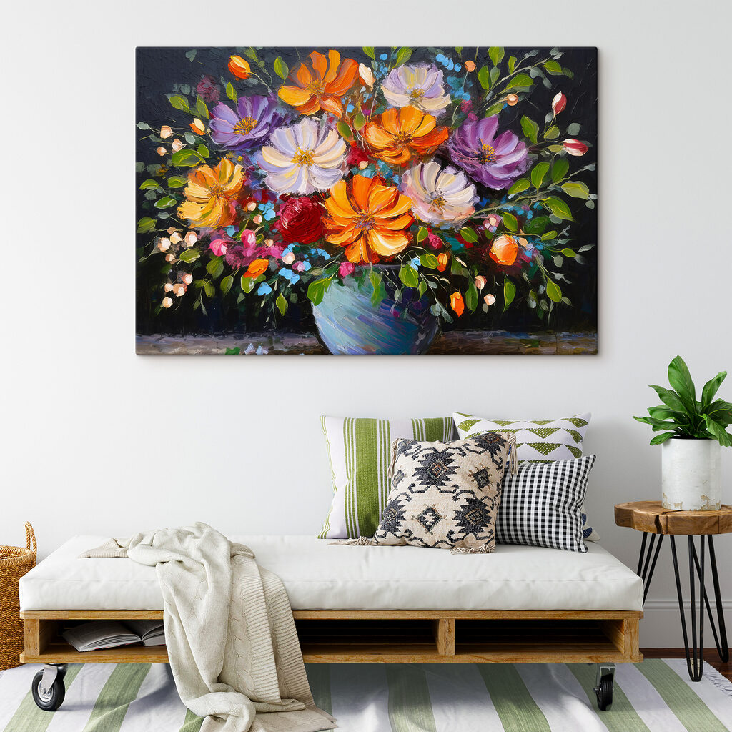 A painting of flowers in a blue vase A painting of flowers in a blue vase