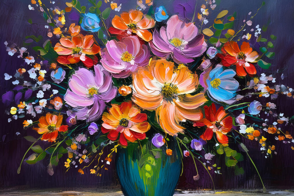 A painting of flowers in a vase