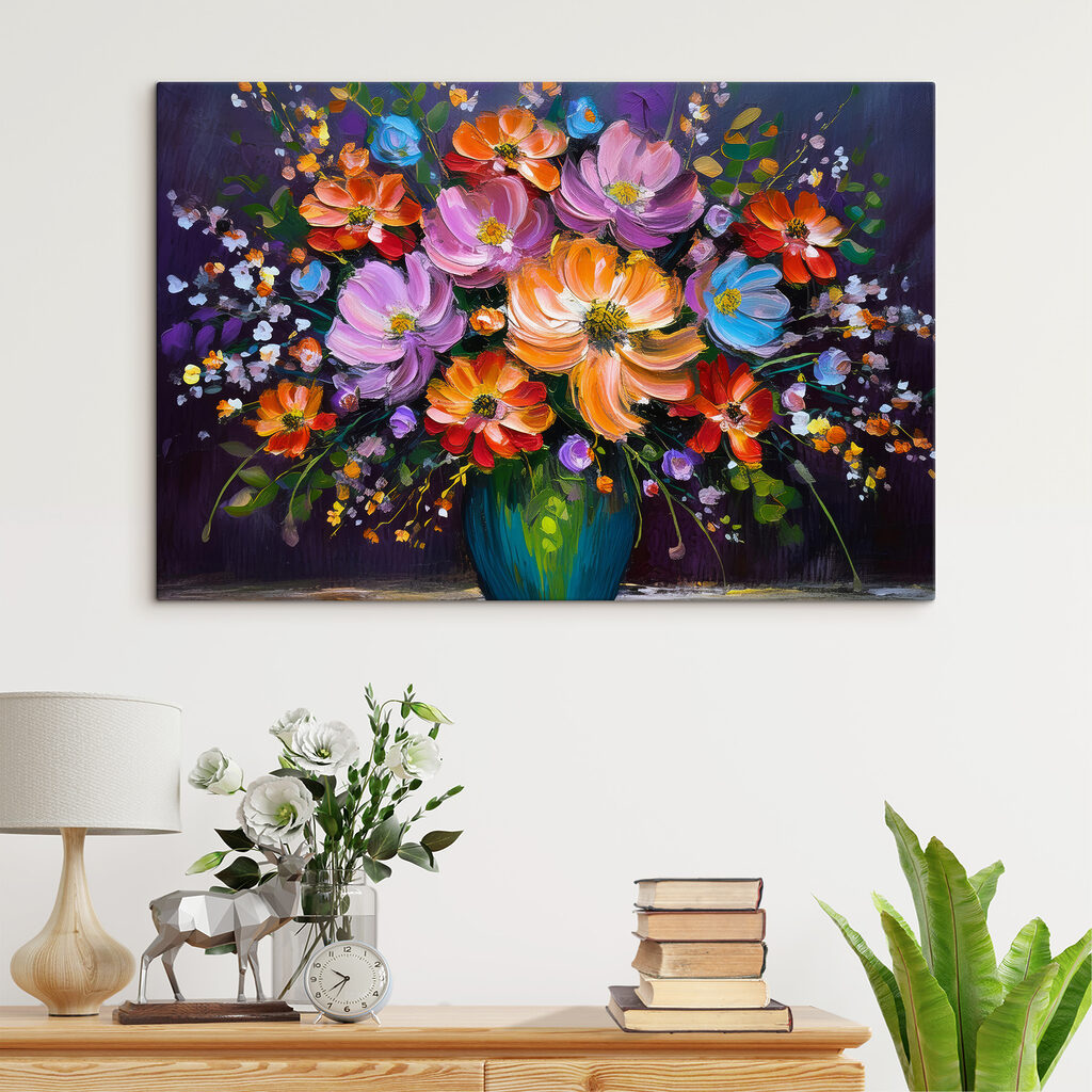A painting of flowers in a vase