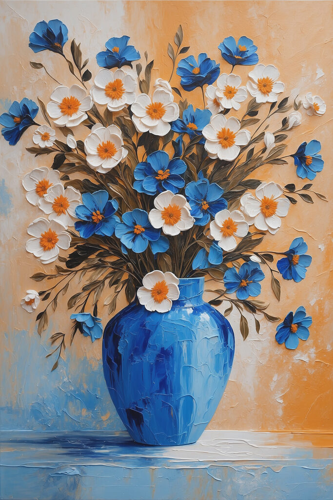 A painting of flowers in a blue vase