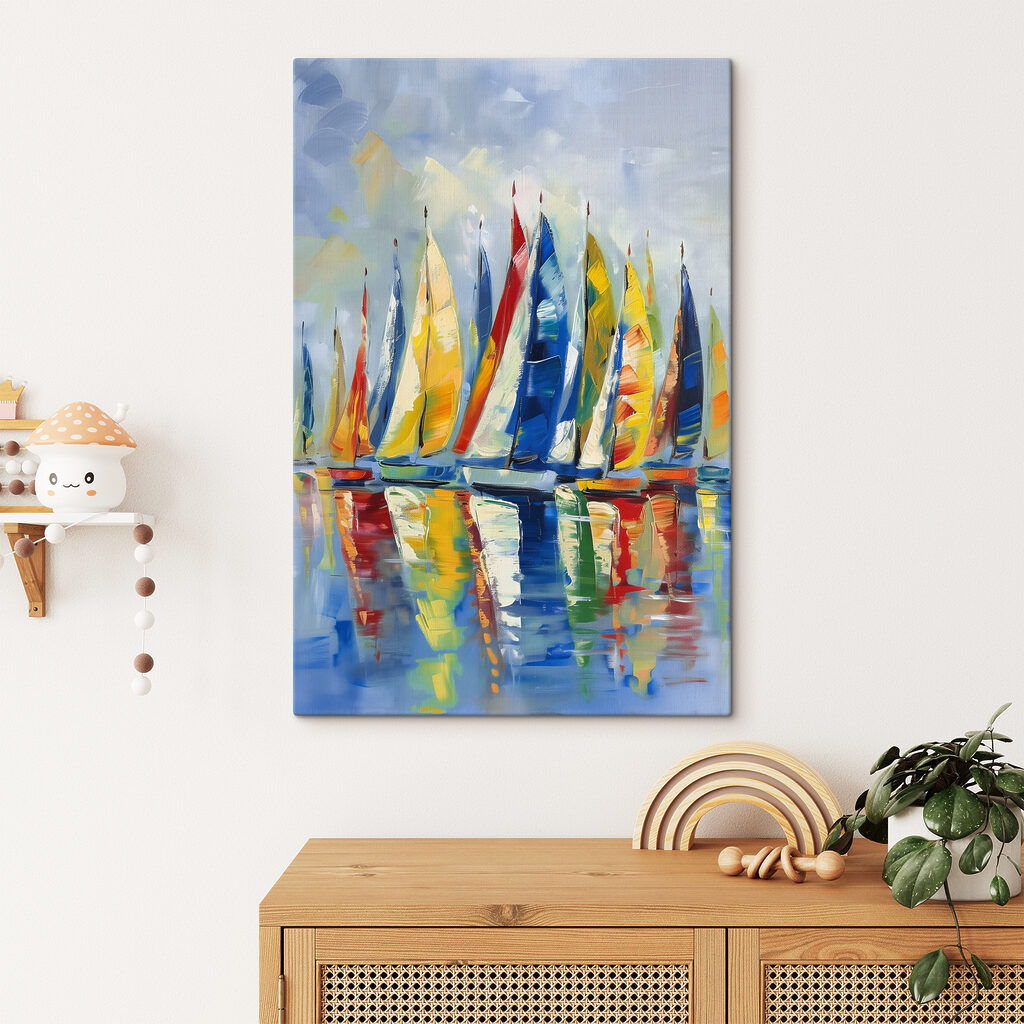 A painting of sailboats on water