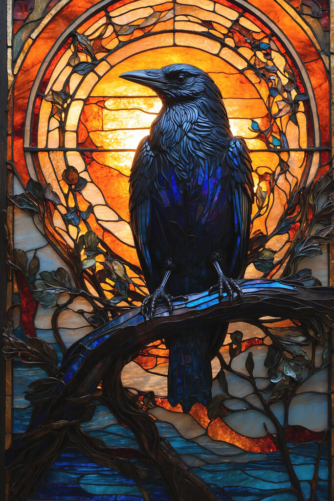 A stained glass window with a bird on a branch A stained glass window with a bird on a branch