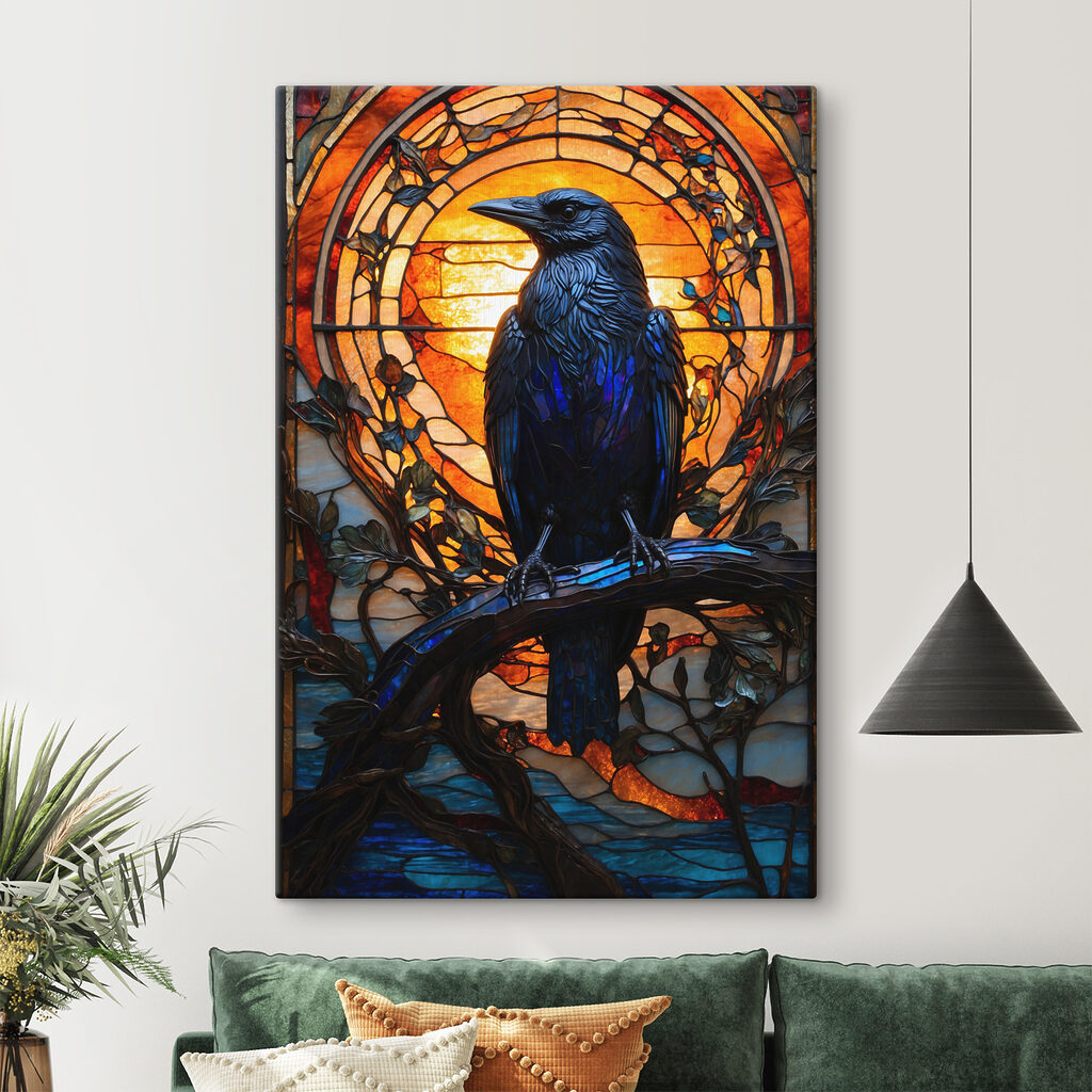 A stained glass window with a bird on a branch A stained glass window with a bird on a branch