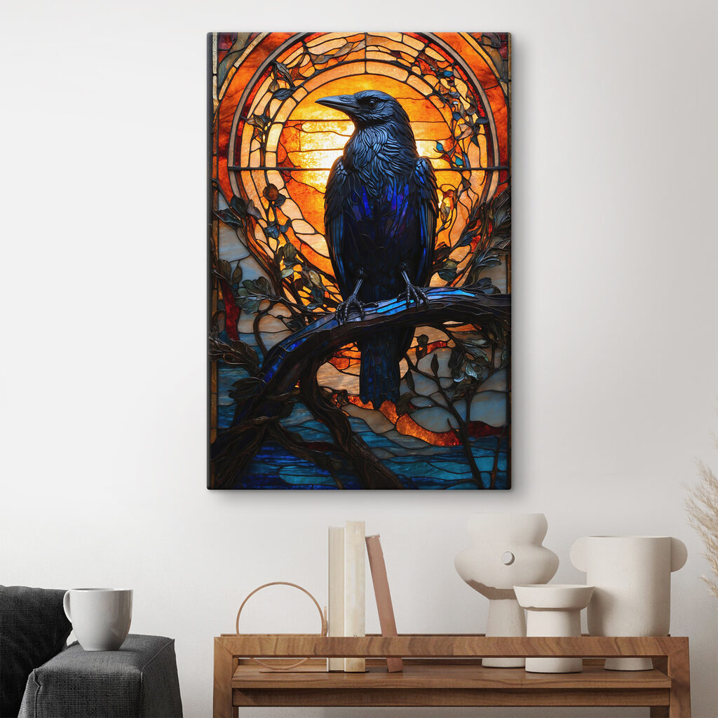 A stained glass window with a bird on a branch A stained glass window with a bird on a branch