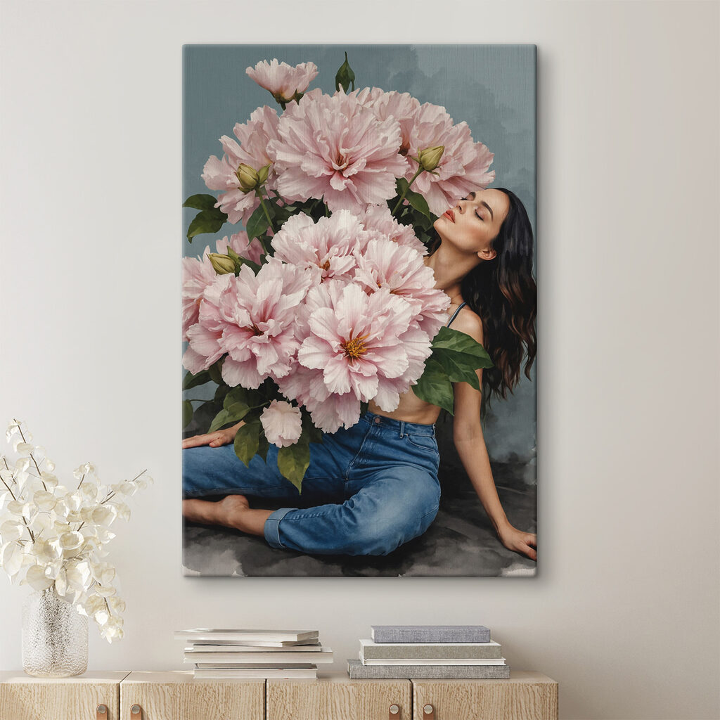 A woman sitting on a floor with a large bouquet of flowers A woman sitting on a floor with a large bouquet of flowers