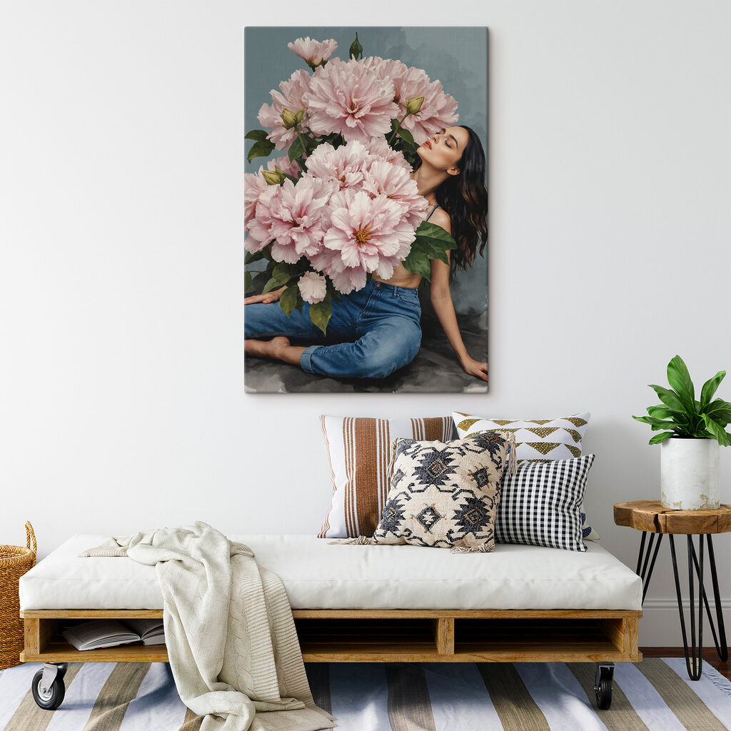A woman sitting on a floor with a large bouquet of flowers A woman sitting on a floor with a large bouquet of flowers