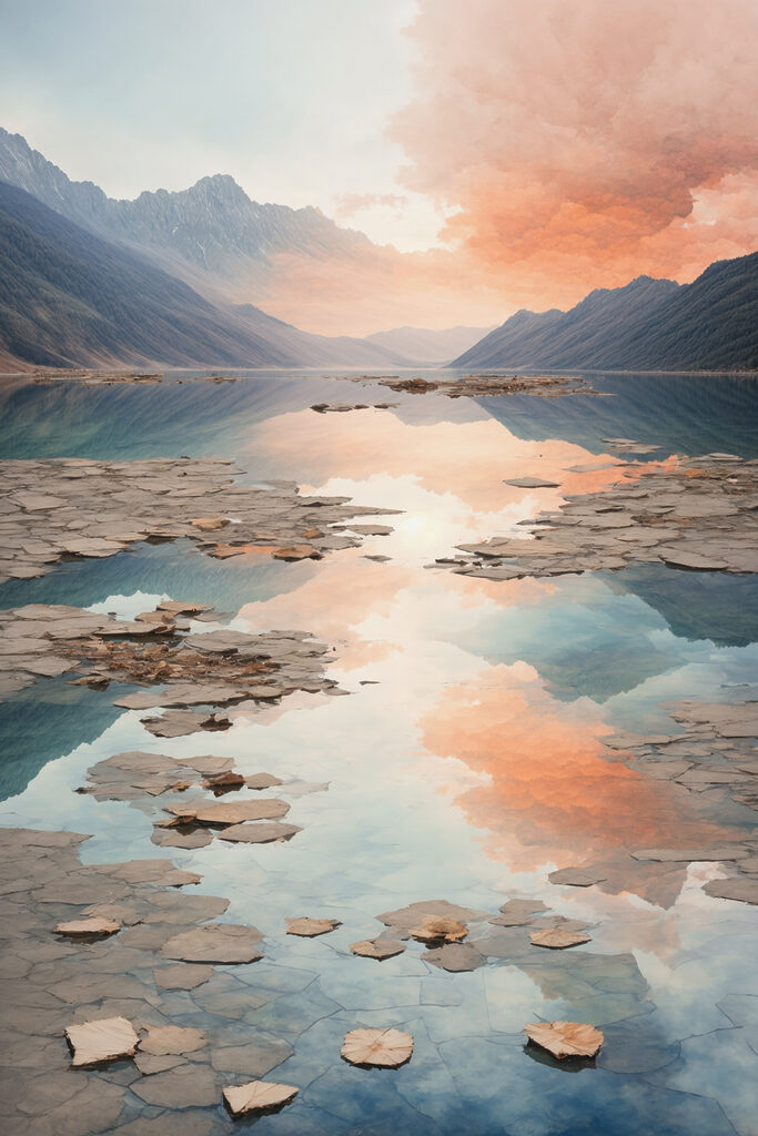 A lake with rocky mountains and clouds
