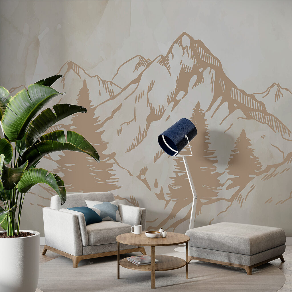 A drawing of mountains and trees