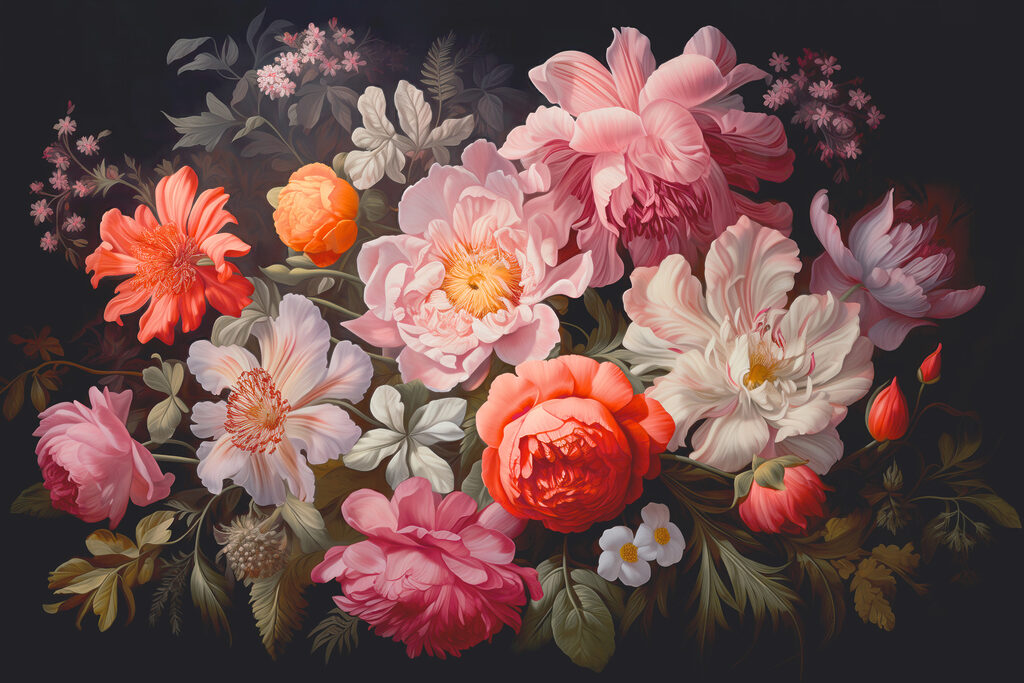 A painting of flowers on a black background A painting of flowers on a black background