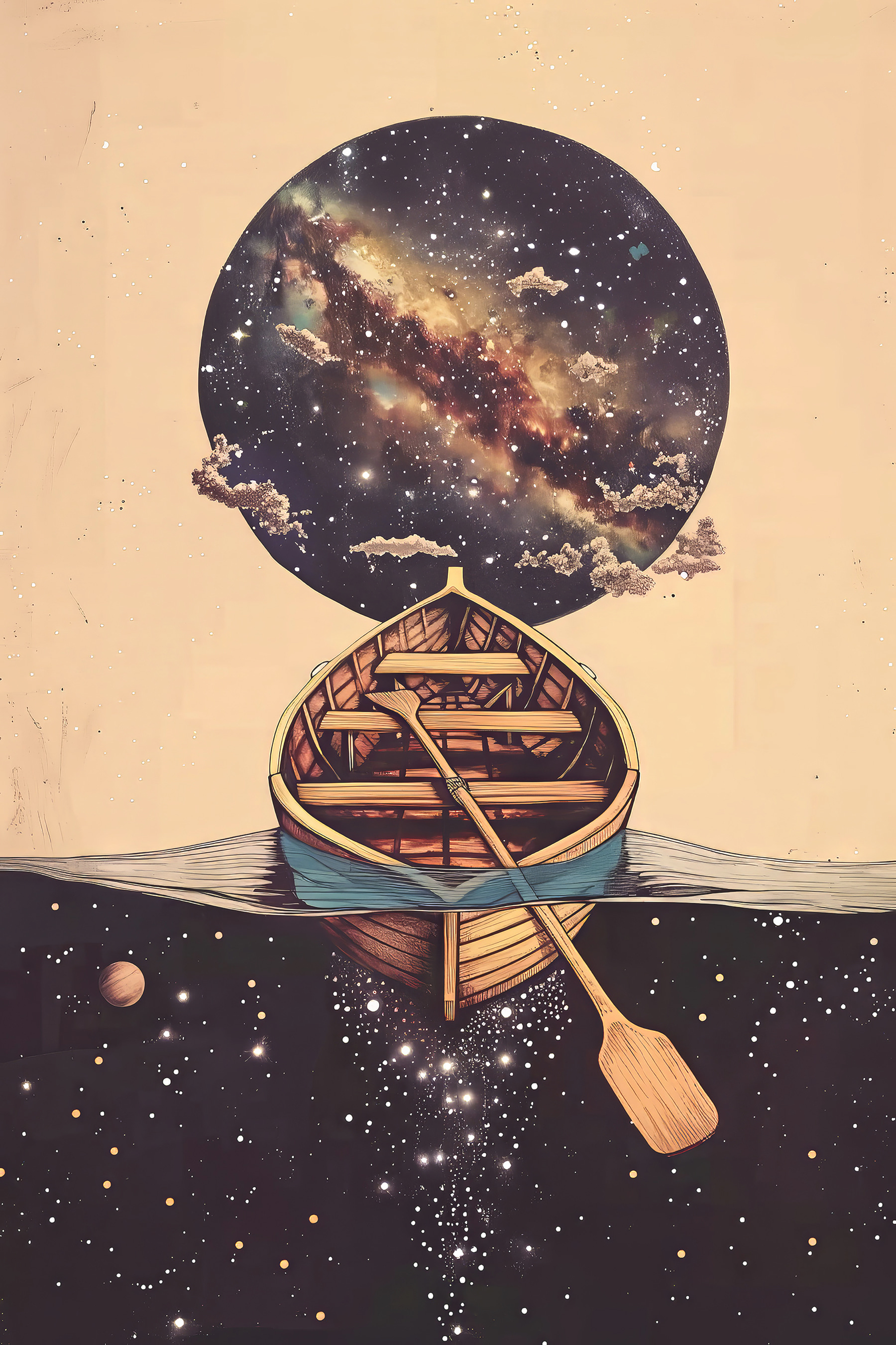 A boat in water with a circle in the background