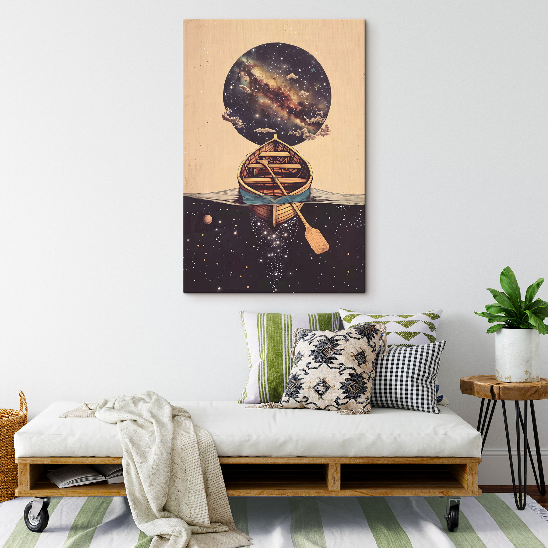 A boat in water with a circle in the background A boat in water with a circle in the background