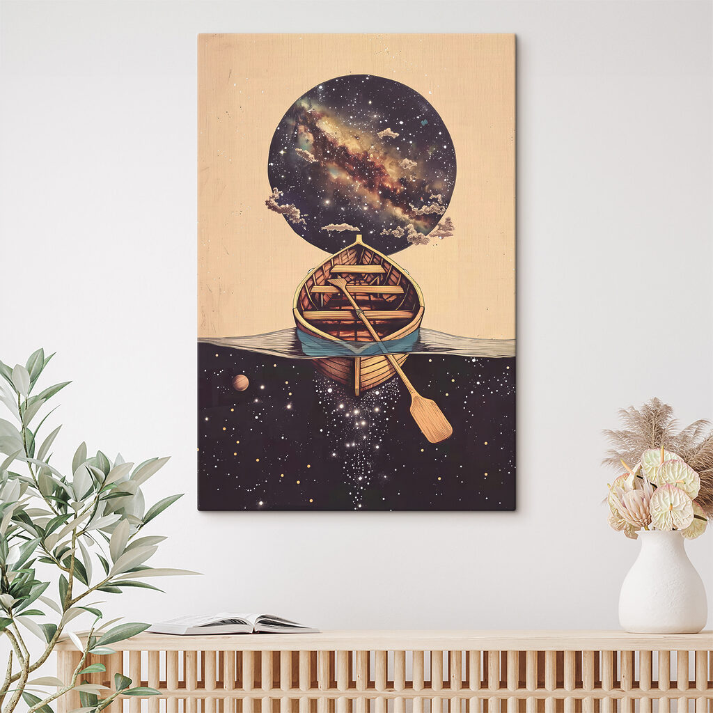 A boat in water with a circle in the background A boat in water with a circle in the background