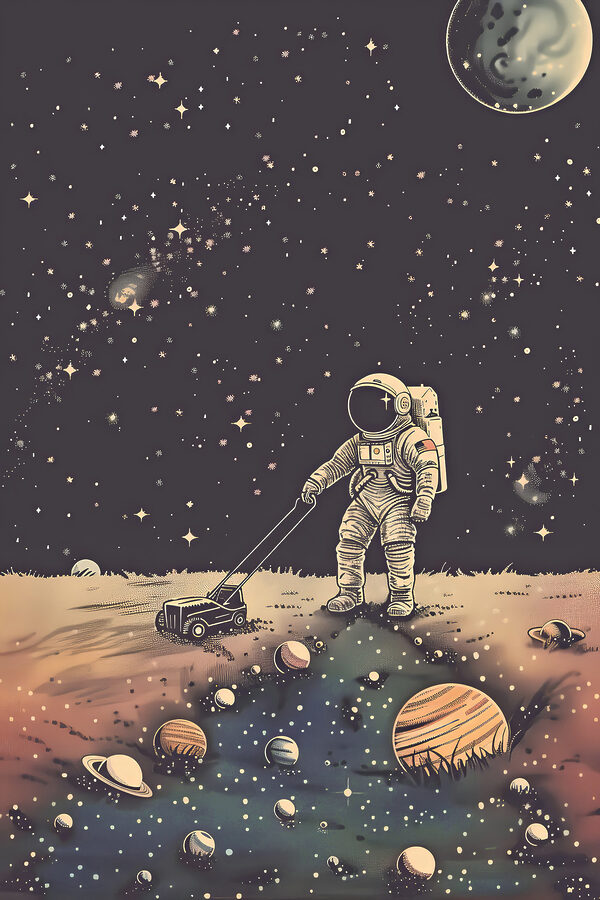 Astronaut ťahajúci kosačku vo vesmíre Astronaut ťahajúci kosačku vo vesmíre