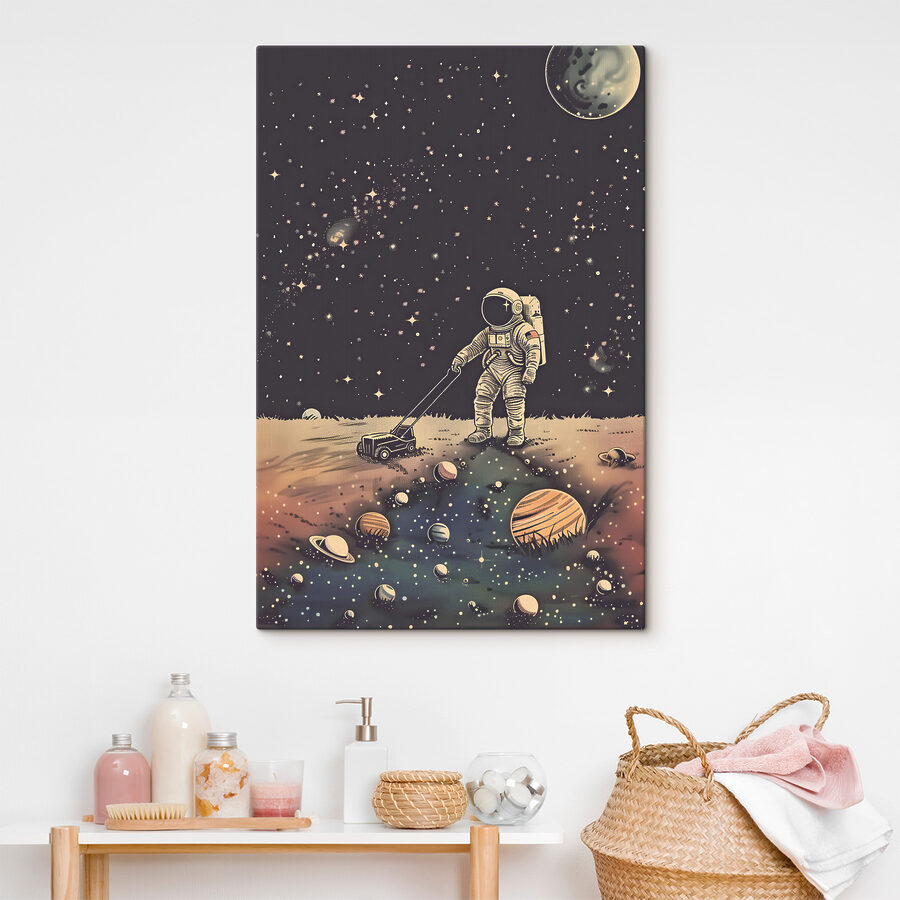 Astronaut ťahajúci kosačku vo vesmíre