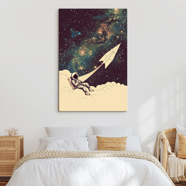 An astronaut sitting on a cloud with a paper plane in the sky An astronaut sitting on a cloud with a paper plane in the sky