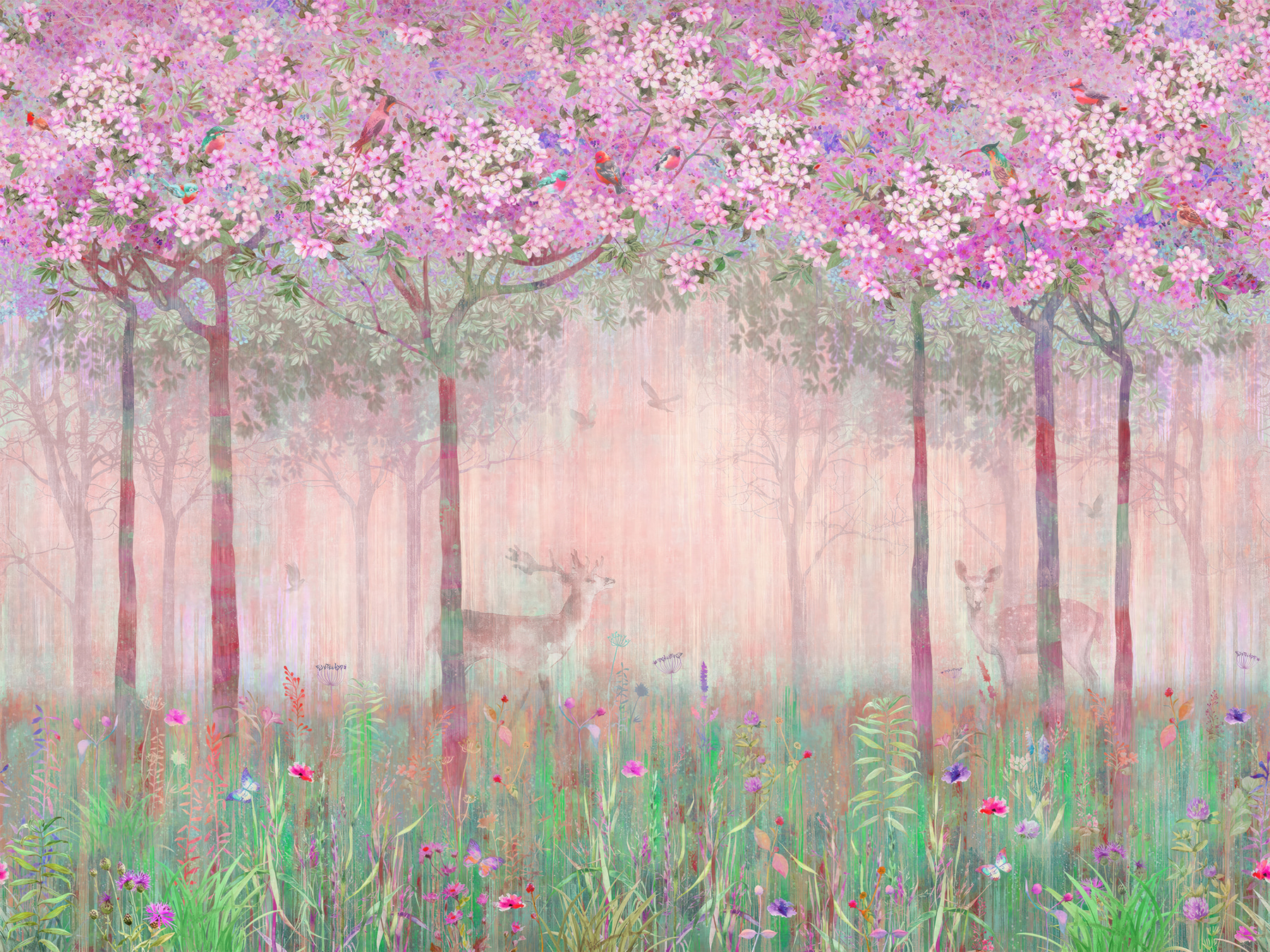 u62100v3p - Obraz lesa s ružovými kvetmi a stromami - tegory