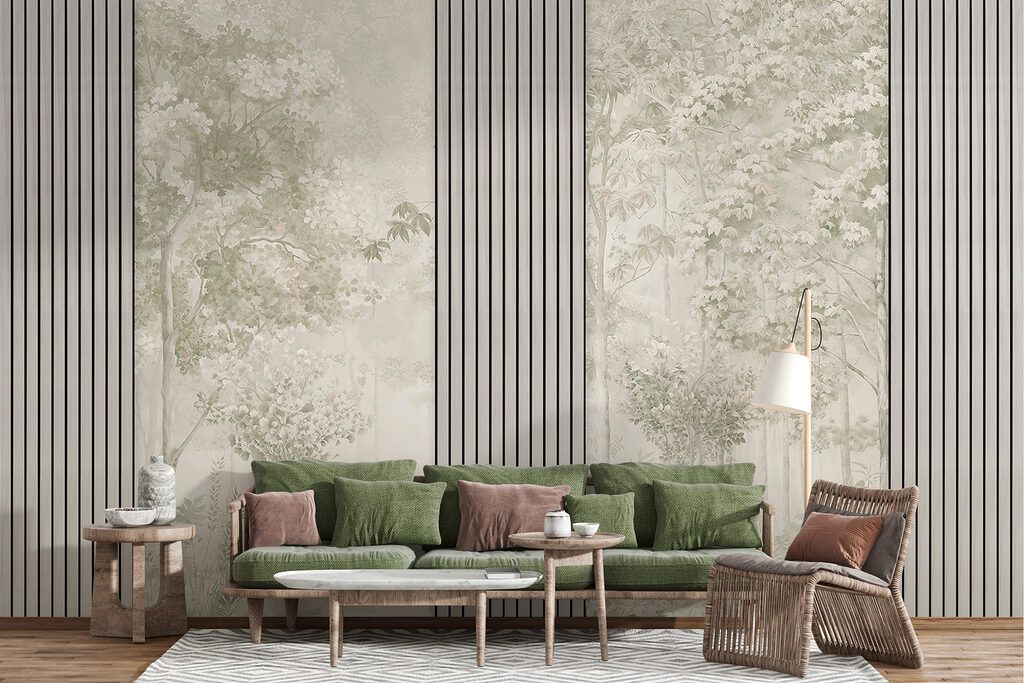 A wallpaper with trees and flowers