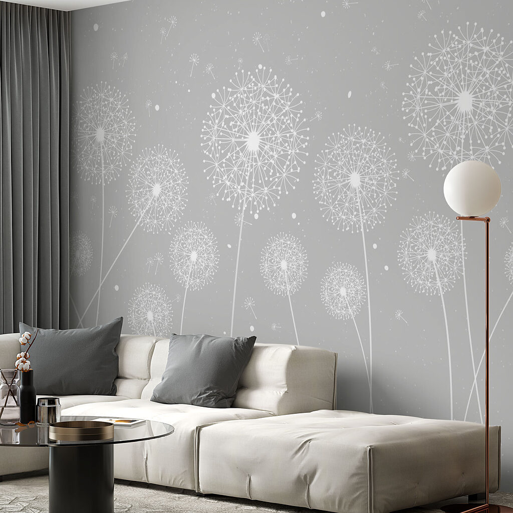 A white dandelions on a grey background