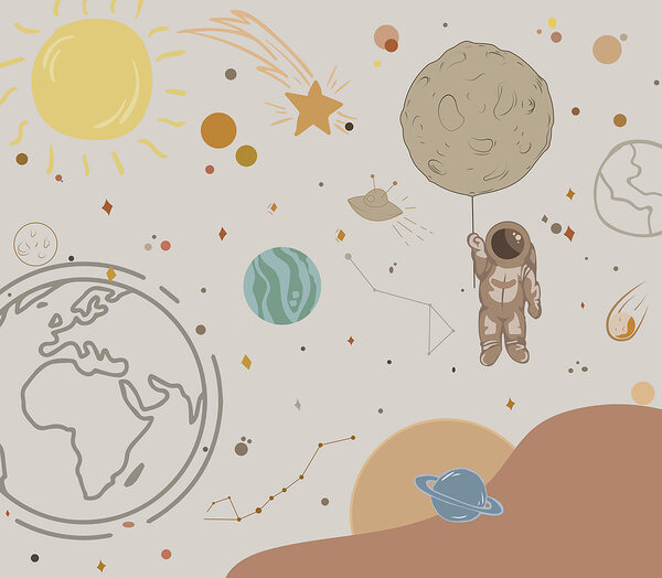 Karikatúra astronauta, ktorý drží planétu vo vesmíre Karikatúra astronauta, ktorý drží planétu vo vesmíre