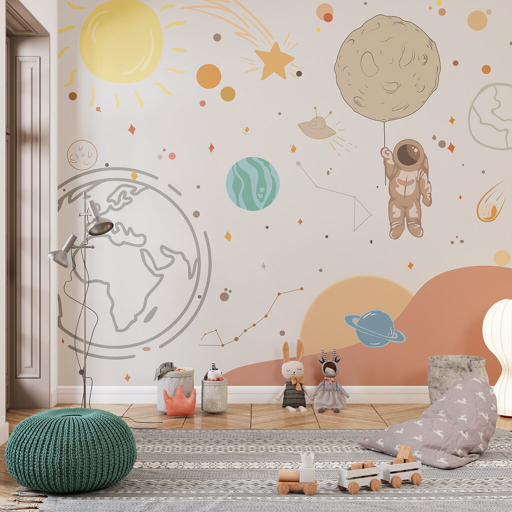 A cartoon of an astronaut holding a planet in space