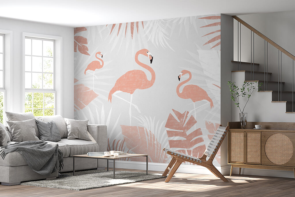 A pink flamingos and leaves