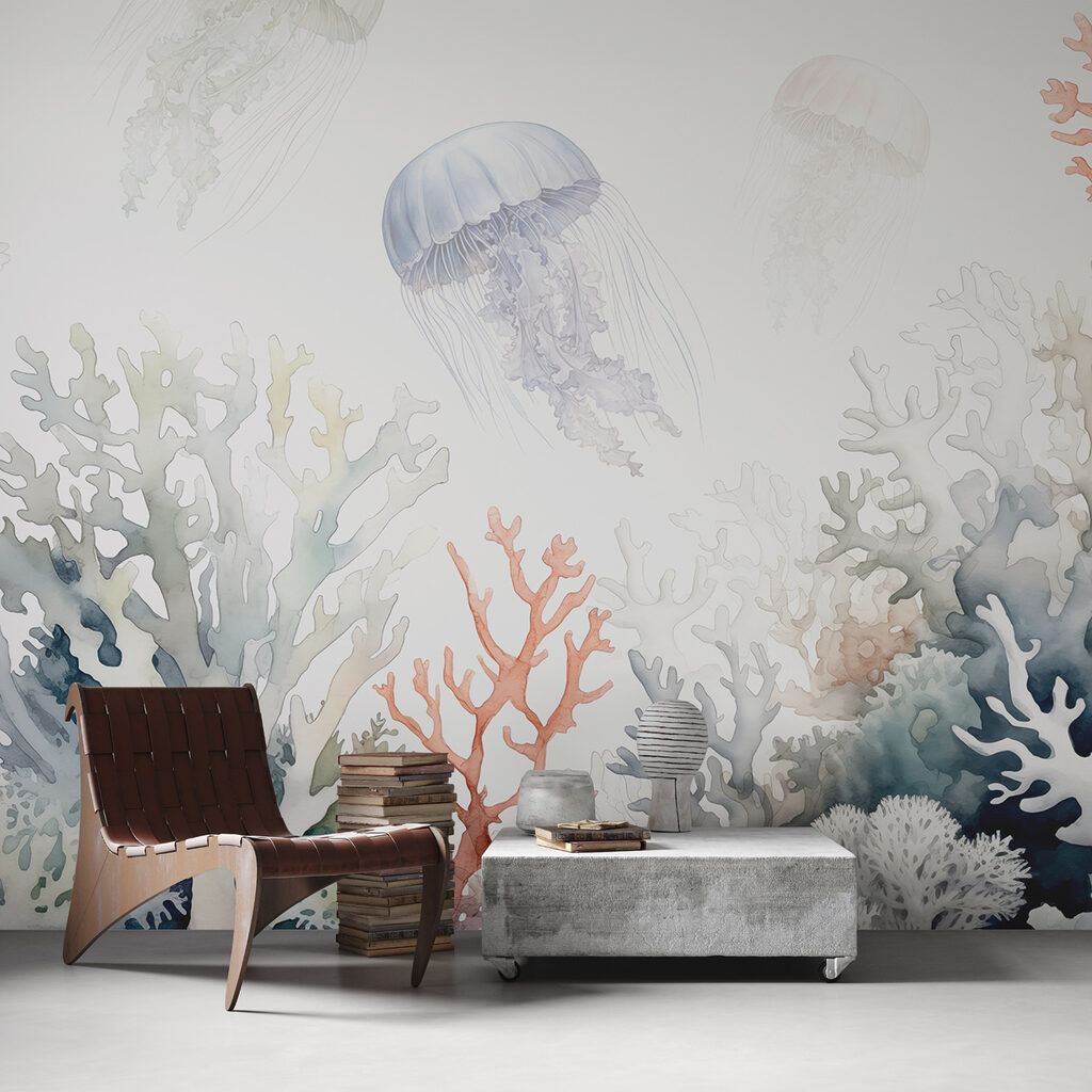 A group of jellyfish and corals