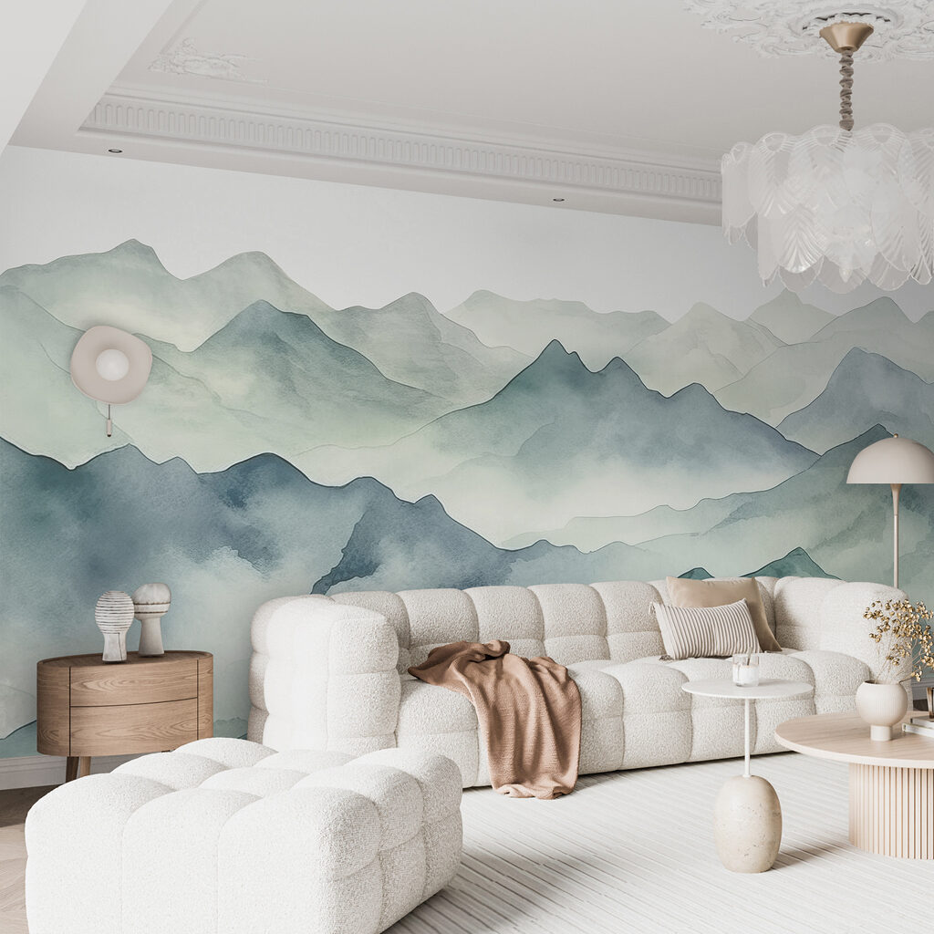 A watercolor of mountains and fog A watercolor of mountains and fog