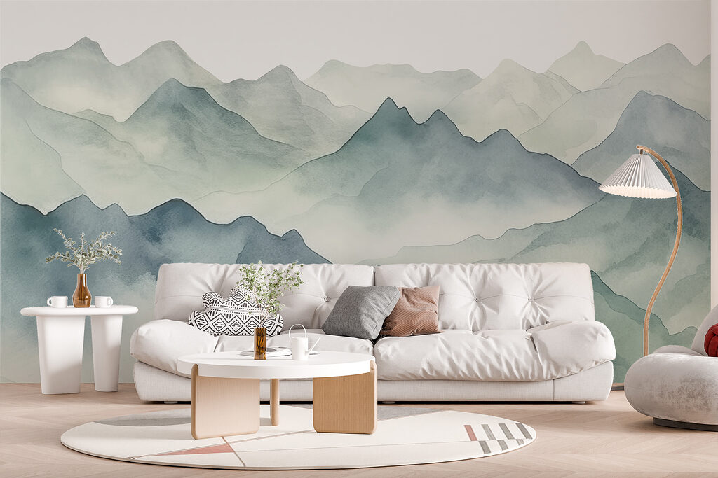 A watercolor of mountains and fog