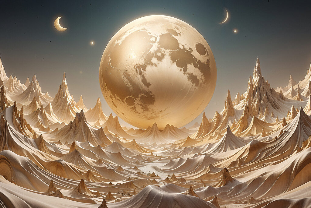 A moon over mountains and hills